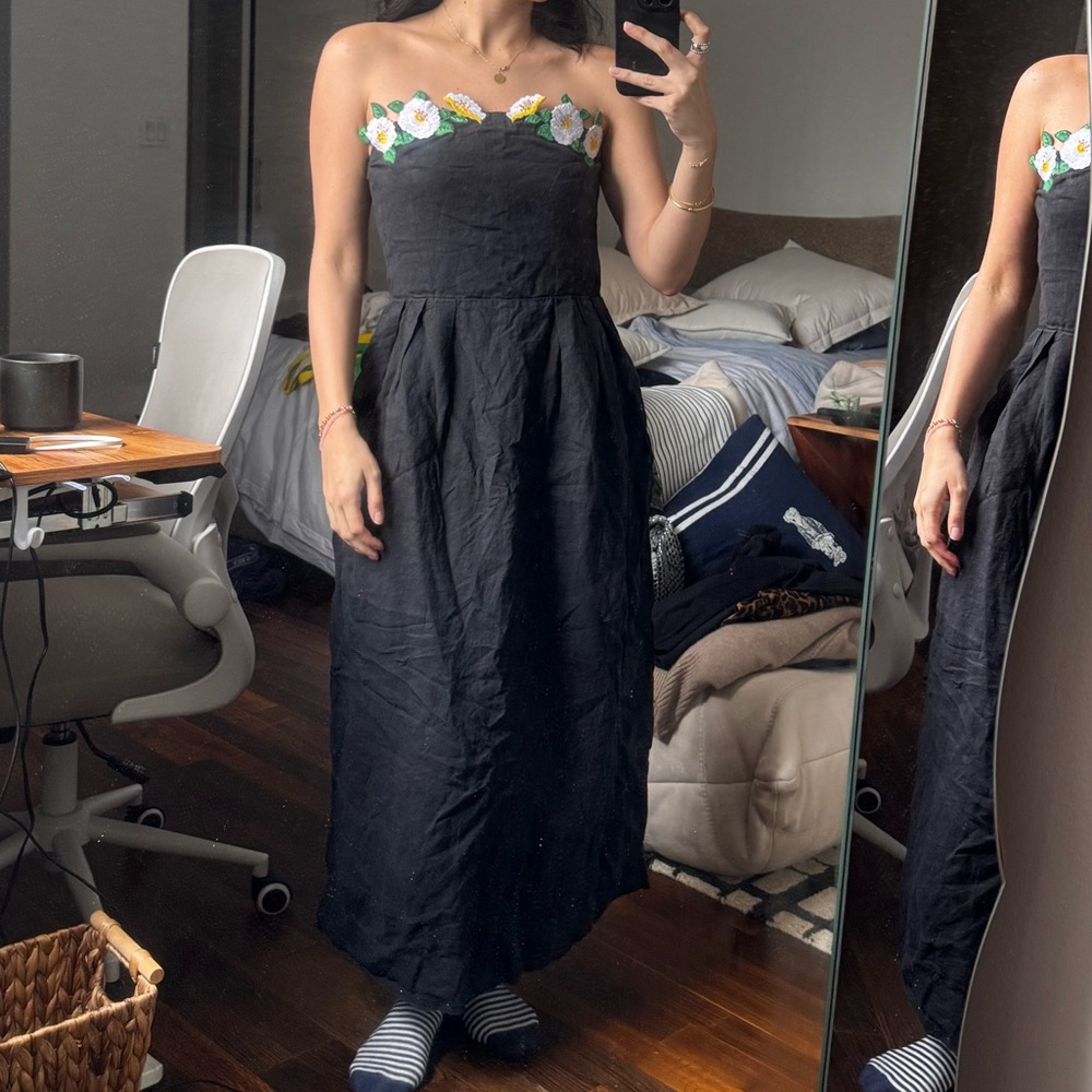 Fanm Mon Black Dress with Floral Embroidery